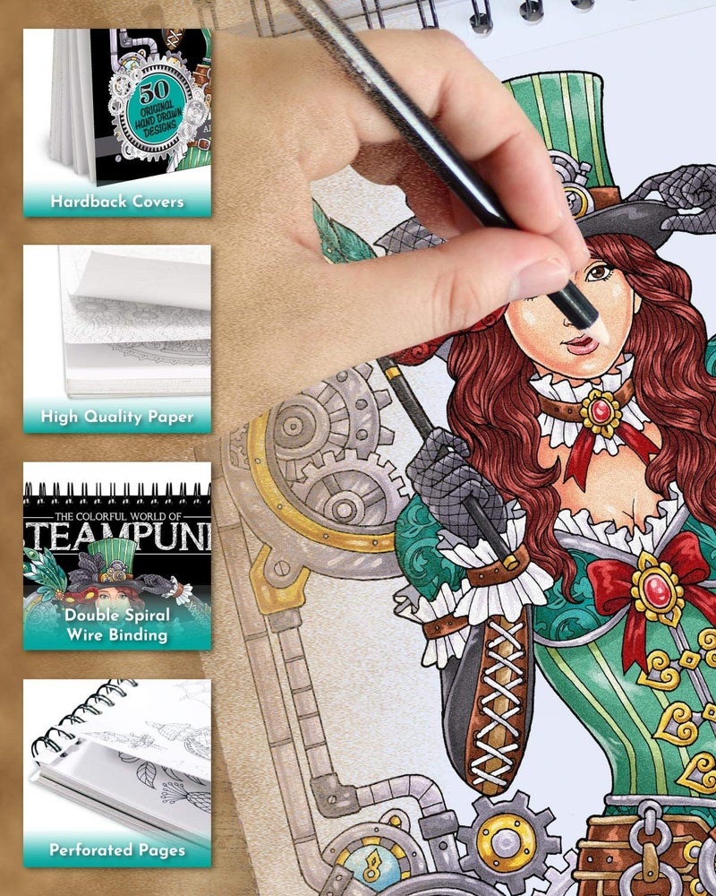 ColorIt Colorful World of Steampunk Adult Coloring Book - 50 Single-Sided Designs, Thick Smooth Paper, Lay Flat Hardback Covers, Spiral Bound, USA Printed, Steampunk-Inspired Pages to Color - Image 2